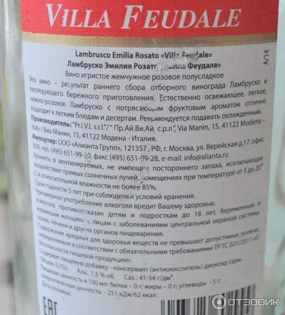 Вино игристое розовое полусладкое жемчужное Lambrusco Emilia Rosso Villa Feudale шампанское