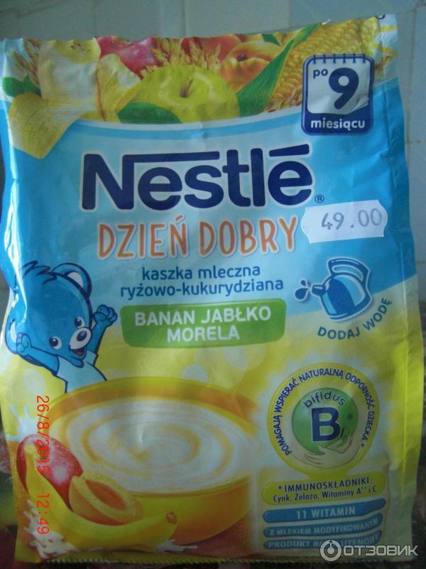 Каша молочная Nestle Рис, кукуруза с яблоком, бананом, абрикосом и бифидобактериями фото